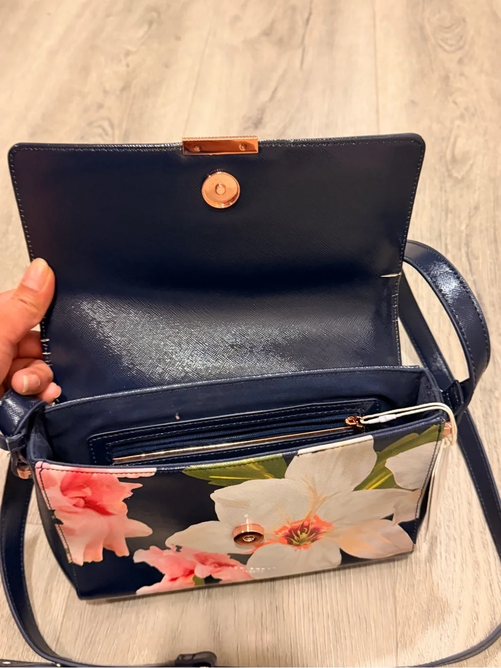 Ted Baker Navy Floral Crossbody‎ Mini Bag Adjustable Strap Pink & White Flowers